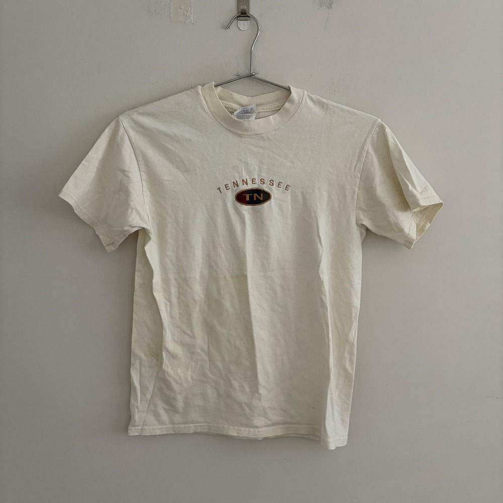 Vintage Hanes Beefy-T Tennessee TN Embroidered Cream T-Shirt Size L 14-16